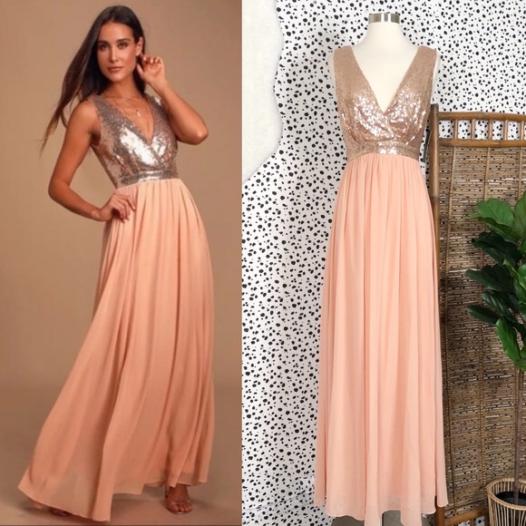 Lulus Dresses & Skirts - NEW Lulu’s | Elegant Encounter Rose Gold Sequin Maxi Dress Cocktail Gown S